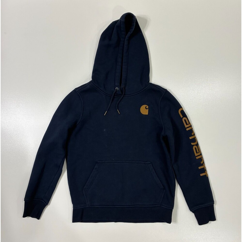 Carhartt Men’s Relaxed Fit Logo Sleeve Hoodie Navy Orange Size Small